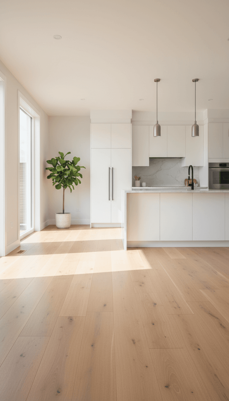 Tarima de madera en cocina contemporánea con instalación limpia