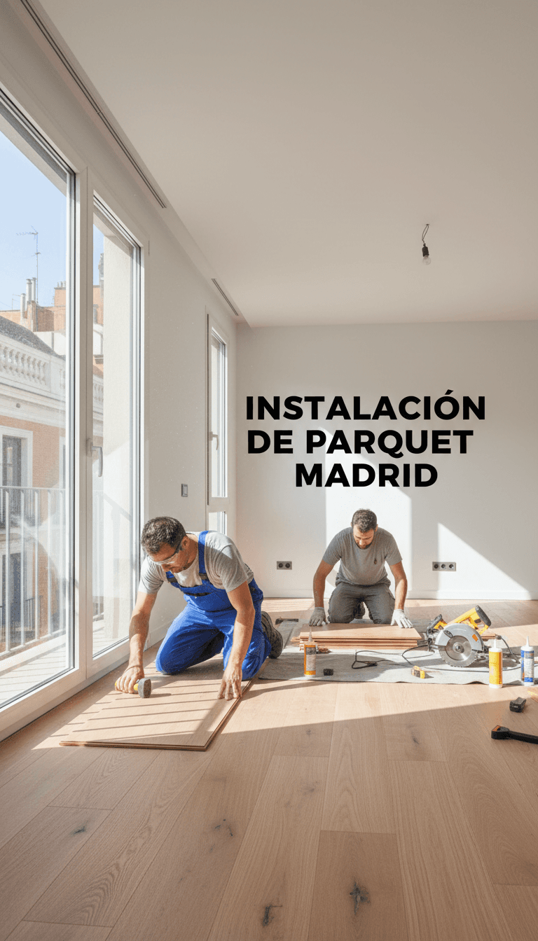 Instalación de tarima de madera en salón moderno de Madrid