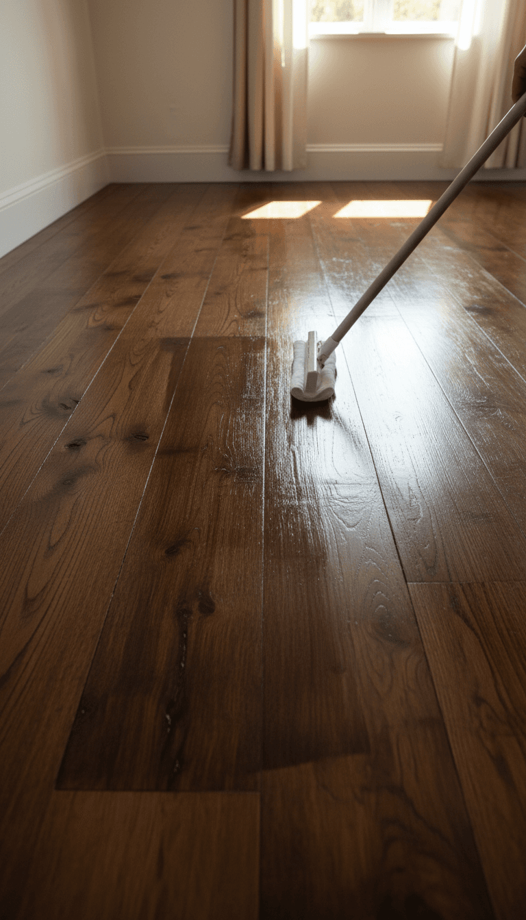 Suelo de madera restaurado con tratamiento de aceite y color profundo